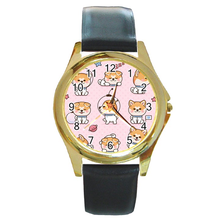 Set Kawaii Smile Japanese Dog Akita Inu Cartoon Round Gold Metal Watch