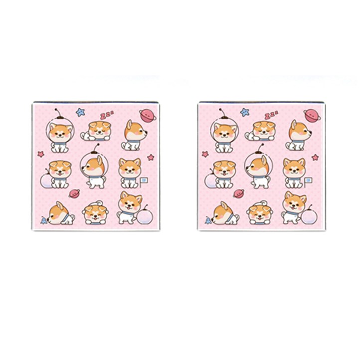 Set Kawaii Smile Japanese Dog Akita Inu Cartoon Cufflinks (Square)