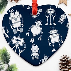 White Robot Blue Seamless Pattern Ornament (heart) by Hannah976