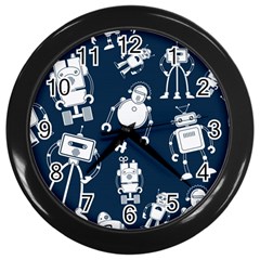 White Robot Blue Seamless Pattern Wall Clock (black) by Hannah976