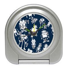 White Robot Blue Seamless Pattern Travel Alarm Clock by Hannah976