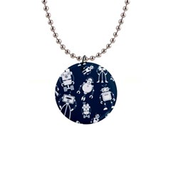 White Robot Blue Seamless Pattern 1  Button Necklace by Hannah976