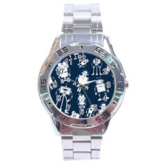 White Robot Blue Seamless Pattern Stainless Steel Analogue Watch by Hannah976