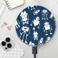 White Robot Blue Seamless Pattern Wireless Fast Charger(white) by Hannah976