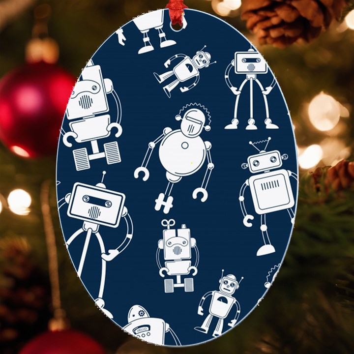 White Robot Blue Seamless Pattern UV Print Acrylic Ornament Oval