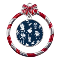 White Robot Blue Seamless Pattern Metal Red Ribbon Round Ornament