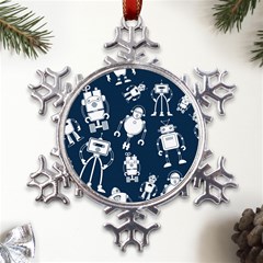 White Robot Blue Seamless Pattern Metal Large Snowflake Ornament by Hannah976