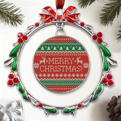 Merry Christmas  Pattern Metal X mas Wreath Ribbon Ornament by artworkshop