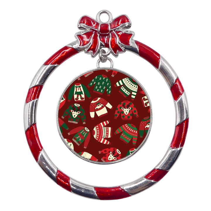 Ugly Sweater Wrapping Paper Metal Red Ribbon Round Ornament