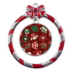 Ugly Sweater Wrapping Paper Metal Red Ribbon Round Ornament by artworkshop