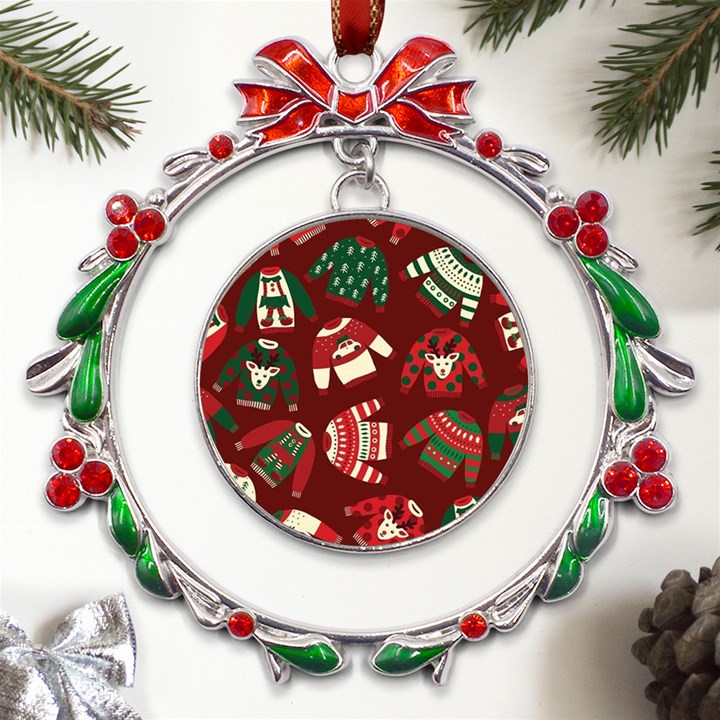 Ugly Sweater Wrapping Paper Metal X mas Wreath Ribbon Ornament