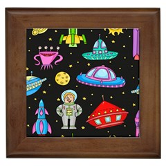 Seamless Pattern With Space Objects Ufo Rockets Aliens Hand Drawn Elements Space Framed Tile by Hannah976