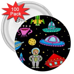 Seamless Pattern With Space Objects Ufo Rockets Aliens Hand Drawn Elements Space 3  Buttons (100 Pack)  by Hannah976