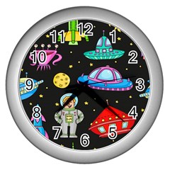 Seamless Pattern With Space Objects Ufo Rockets Aliens Hand Drawn Elements Space Wall Clock (silver) by Hannah976