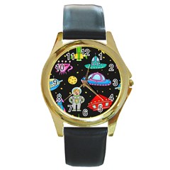 Seamless Pattern With Space Objects Ufo Rockets Aliens Hand Drawn Elements Space Round Gold Metal Watch by Hannah976