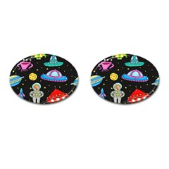 Seamless Pattern With Space Objects Ufo Rockets Aliens Hand Drawn Elements Space Cufflinks (oval) by Hannah976