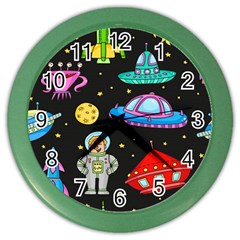 Seamless Pattern With Space Objects Ufo Rockets Aliens Hand Drawn Elements Space Color Wall Clock by Hannah976