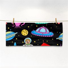 Seamless Pattern With Space Objects Ufo Rockets Aliens Hand Drawn Elements Space Hand Towel by Hannah976