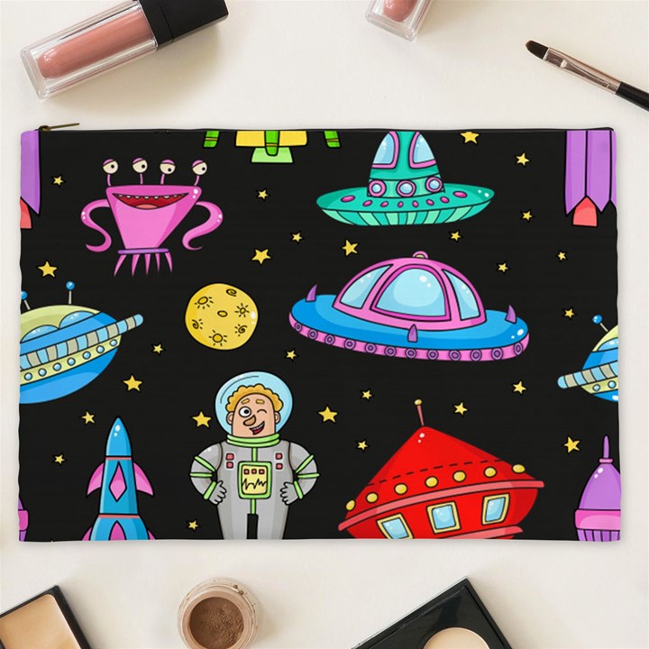 Seamless Pattern With Space Objects Ufo Rockets Aliens Hand Drawn Elements Space Cosmetic Bag (XXL)