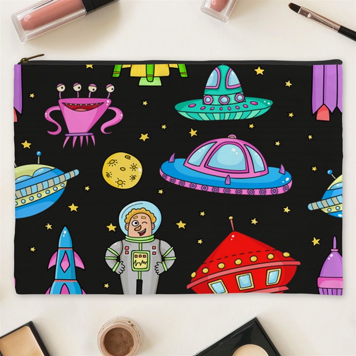 Seamless Pattern With Space Objects Ufo Rockets Aliens Hand Drawn Elements Space Cosmetic Bag (XXXL)