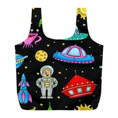 Seamless Pattern With Space Objects Ufo Rockets Aliens Hand Drawn Elements Space Full Print Recycle Bag (l) by Hannah976