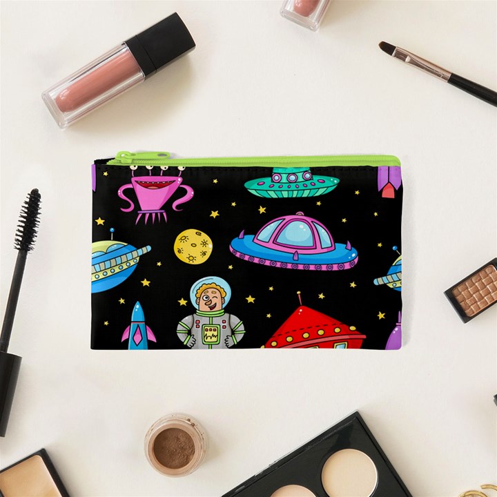 Seamless Pattern With Space Objects Ufo Rockets Aliens Hand Drawn Elements Space Cosmetic Bag (XS)