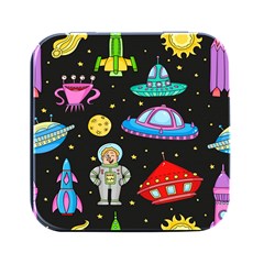 Seamless Pattern With Space Objects Ufo Rockets Aliens Hand Drawn Elements Space Square Metal Box (black) by Hannah976