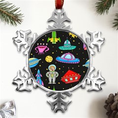 Seamless Pattern With Space Objects Ufo Rockets Aliens Hand Drawn Elements Space Metal Small Snowflake Ornament by Hannah976