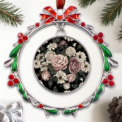 Elegant Seamless Pattern Blush Toned Rustic Flowers Metal X mas Wreath Ribbon Ornament by Hannah976