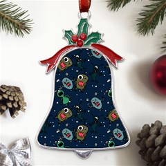 Monster Alien Pattern Seamless Background Metal Holly Leaf Bell Ornament by Hannah976