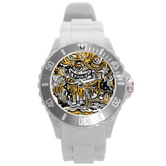 Crazy Abstract Doodle Social Doodle Drawing Style Round Plastic Sport Watch (l) by Hannah976