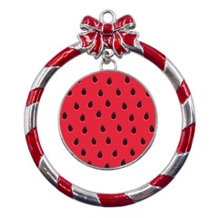 Seamless Watermelon Surface Texture Metal Red Ribbon Round Ornament by Hannah976