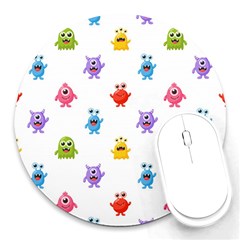 Seamless Pattern Cute Funny Monster Cartoon Isolated White Background Round Mousepad by Hannah976