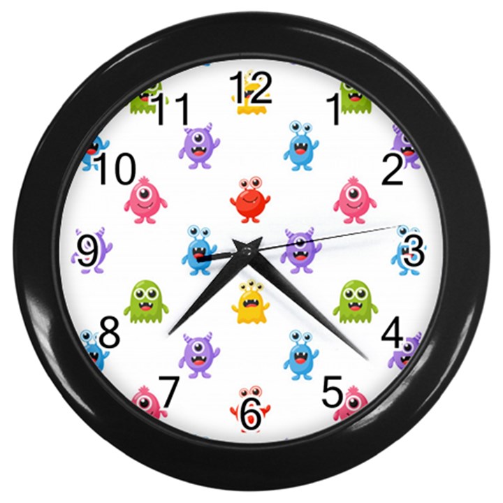 Seamless Pattern Cute Funny Monster Cartoon Isolated White Background Wall Clock (Black)