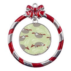 Sloths Pattern Design Metal Red Ribbon Round Ornament by Hannah976