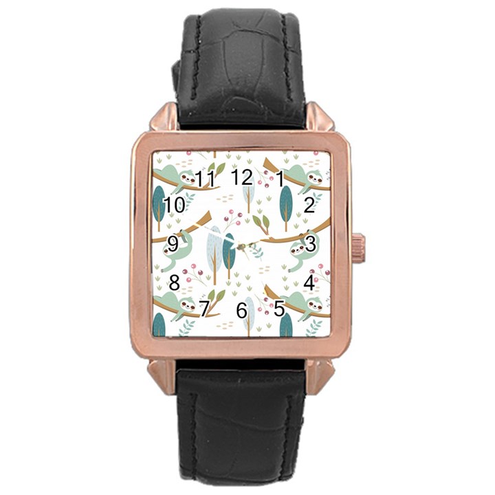 Pattern Sloth Woodland Rose Gold Leather Watch 