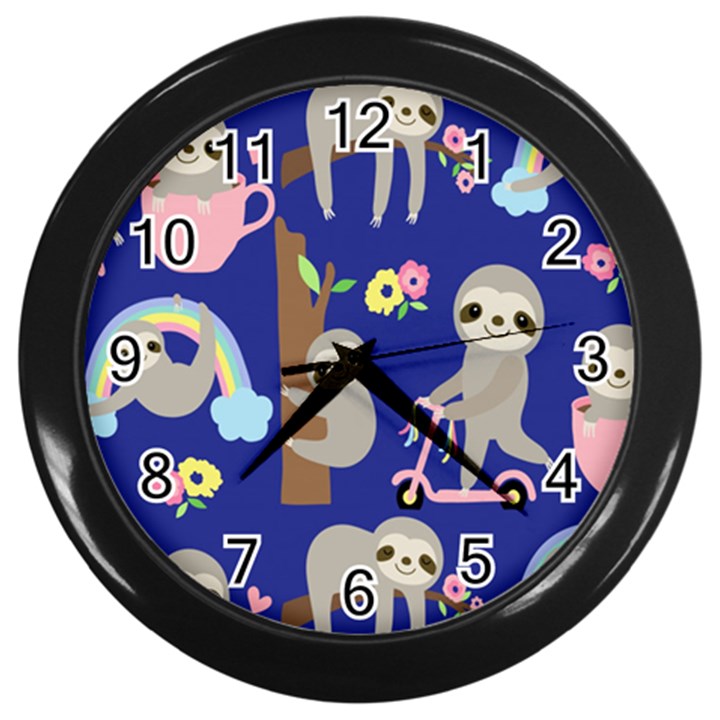 Hand Drawn Cute Sloth Pattern Background Wall Clock (Black)