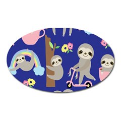 Hand Drawn Cute Sloth Pattern Background Oval Magnet by Hannah976