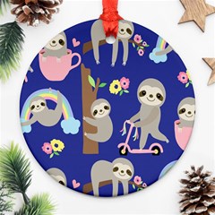 Hand Drawn Cute Sloth Pattern Background Round Ornament (two Sides)