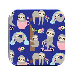 Hand Drawn Cute Sloth Pattern Background Square Metal Box (black) by Hannah976