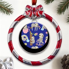 Hand Drawn Cute Sloth Pattern Background Metal Red Ribbon Round Ornament by Hannah976