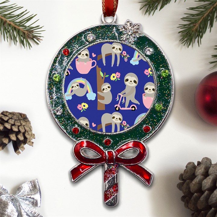 Hand Drawn Cute Sloth Pattern Background Metal X Mas Lollipop with Crystal Ornament