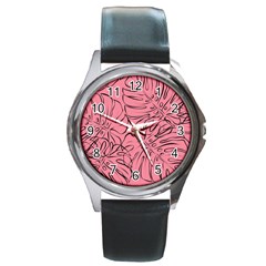 Pink Monstera Round Metal Watch by ConteMonfrey