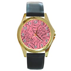 Pink Monstera Round Gold Metal Watch by ConteMonfrey