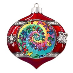 Grateful Dead Bears Tie Dye Vibrant Spiral Metal Snowflake And Bell Red Ornament