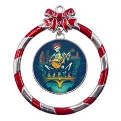 Grateful Dead Singing Skeleton Metal Red Ribbon Round Ornament