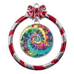 Grateful Dead Bears Tie Dye Vibrant Spiral Metal Red Ribbon Round Ornament