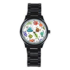 Dangerous Streptococcus Lactobacillus Staphylococcus Others Microbes Cartoon Style Vector Seamless P Stainless Steel Round Watch