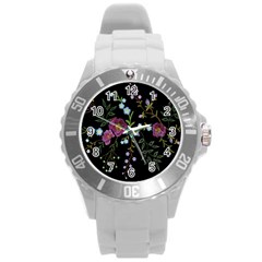 Embroidery Trend Floral Pattern Small Branches Herb Rose Round Plastic Sport Watch (L)