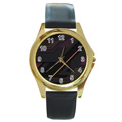 Gradient Geometric Shapes Dark Background Round Gold Metal Watch by Apen